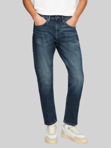 Blugi Mauro, cu talie inalta, croiala Regular Fit, Tapered leg, Albastru inchis - Img 3