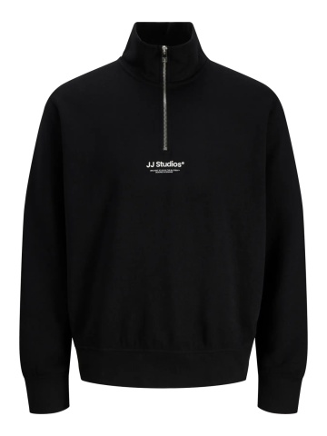Jack & Jones Bluza barbati, cu guler inalt si fermoar la baza gatului, din amestec de bumbac, Relaxed Fit, Negru - Img 8