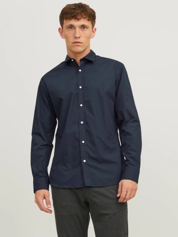 Jack & Jones Camasa barbati, din amestec de bumbac, Slim Fit, Bleumarin inchis
