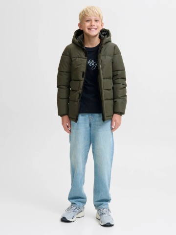 Jack & Jones Geaca PUFFER baieti, cu dubla inchidere, gluga si imprimeu cu logo, Verde - Img 6