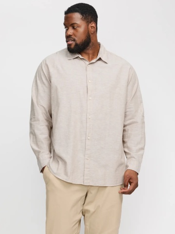 Jack & Jones Plus Camasa barbati big sizes, cu maneca lunga din amestec de in, Bej