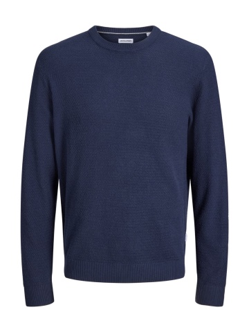 Jack & Jones Plus Pulover tricotat barbati big sizes, din bumbac organic, decolteu la baza gatului, JJERYDER, Regular Fit, Bleumarin inchis
