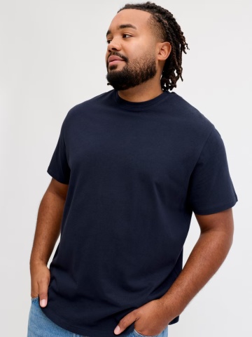Jack & Jones Plus Tricou simplu, barbati big sizes, din bumbac organic, Relaxed Fit, Bleumarin inchis - Img 3