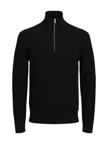 Jack & Jones Pulover barbati cu fermoar la baza gatului, din bumbac organic, JPRBLUSTANLEY, Negru