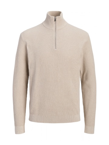 Jack & Jones Pulover barbati cu fermoar la baza gatului, din bumbac organic, JPRBLUSTANLEY, Bej