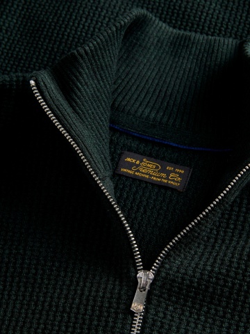 Jack & Jones Pulover barbati cu fermoar la baza gatului, din bumbac organic, JPRBLUSTANLEY, Verde inchis - Img 3