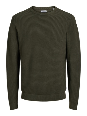 Jack & Jones Pulover barbati din bumbac organic, decolteu la baza gatului, Regular Fit, JJEBRODY, Verde inchis