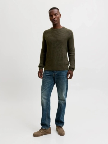Jack & Jones Pulover tricotat barbati, decolteu la baza gatului, Regular Fit, JJPANNEL, Verde inchis - Img 6