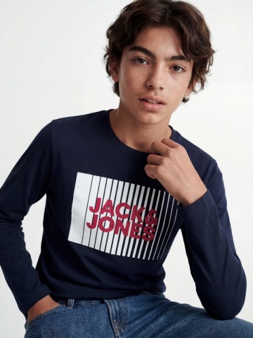 Jack & Jones Tricou baieti la baza gatului, cu maneca lunga, din bumbac organic, Regular fit, Bleumarin inchis - Img 5