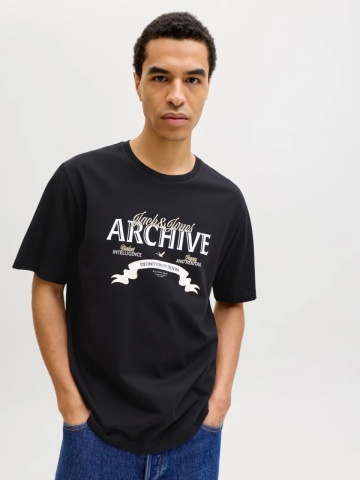 Jack & Jones Tricou barbati cu decolteu la baza gatului, imprimeu cu logo, Regular fit, Negru - Img 3