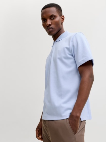 Jack & Jones Tricou polo barbati, cu fermoar, Regular Fit, JPRBLAETHAN, Albastru - Img 5