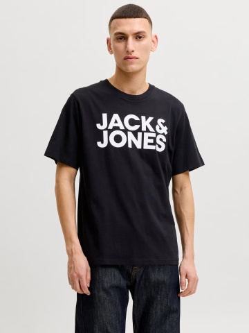 Jack & Jones Tricou simplu, barbati, din 100% bumbac, cu imprimeu cu logo, Negru
