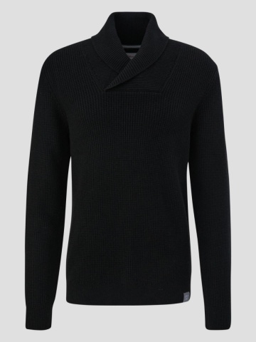 Pulover barbati din tricot cu guler sal, din amestec de bumbac si lana, Negru - Img 6