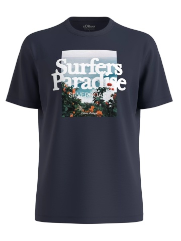 s.Oliver Big Sizes Tricou barbati big sizes cu imprimeu foto si decolteu la baza gatului, Bleumarin inchis
