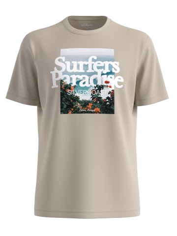 s.Oliver Big Sizes Tricou barbati big sizes cu imprimeu foto si decolteu la baza gatului, Crem