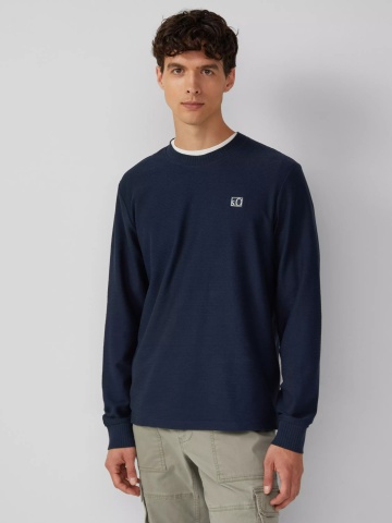 s.Oliver Bluza barbati cu textura striata, decolteu la baza gatului, Regular fit, Bleumarin inchis