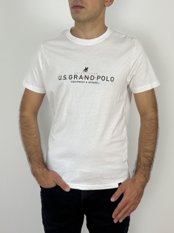 U.S. Grand POLO Tricou barbati cu imprimeu text, Regular fit, Alb - Img 1