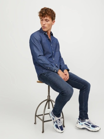 Jack & Jones Blugi barbati Glenn, cu talie joasa si croiala Slim fit, Albastru inchis - Img 4