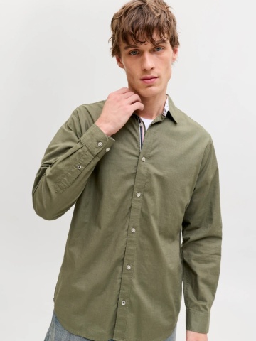 Jack & Jones Camasa barbati, Regular fit, Henry, din bumbac, Olive - Img 3