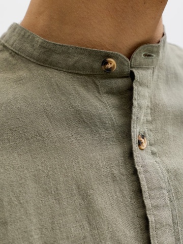 Jack & Jones Camasa cu maneca lunga barbati si guler tunica din amestec de in, Olive - Img 4