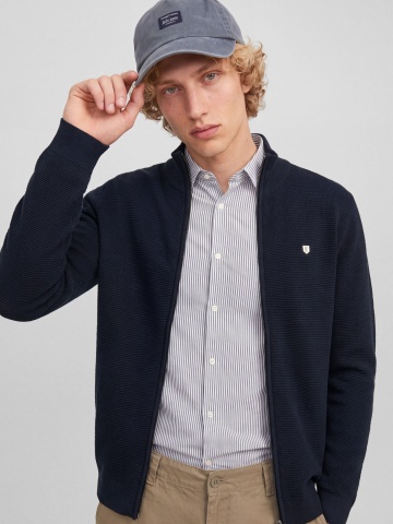 Jack & Jones Cardigan tricotat barbati cu guler inalt, din bumbac organic, JPRBLURYAN, Bleumarin inchis - Img 3