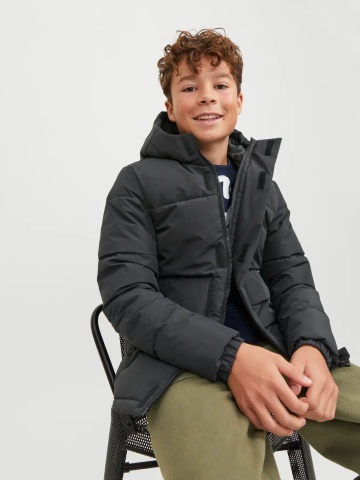 Jack & Jones Geaca PUFFER baieti, cu dubla inchidere, gluga si imprimeu cu logo, JCOSPEED, Negru - Img 4
