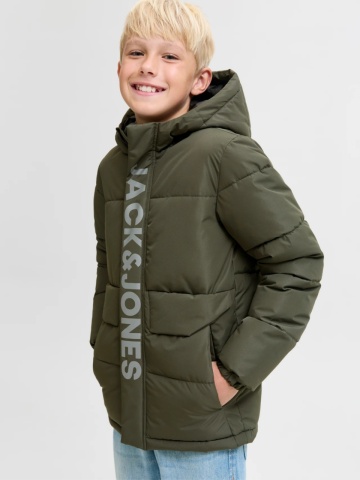 Jack & Jones Geaca PUFFER baieti, cu dubla inchidere, gluga si imprimeu cu logo, Verde - Img 3