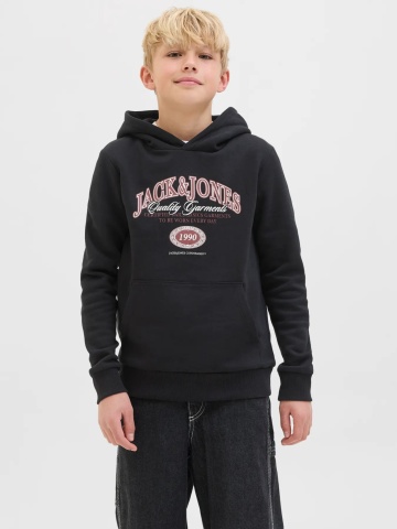 Jack & Jones Hanorac baieti cu imprimeu cu logo si buzunar tip marsupiu, Negru