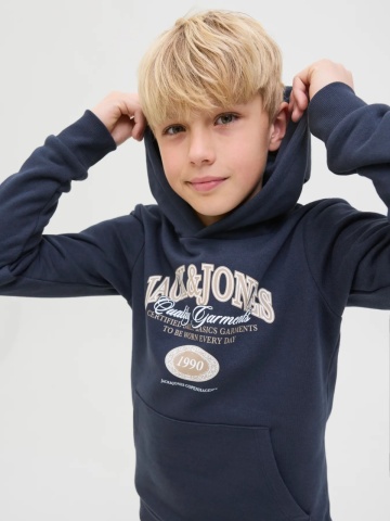 Jack & Jones Hanorac baieti cu imprimeu cu logo si buzunar tip marsupiu, Bleumarin inchis - Img 3