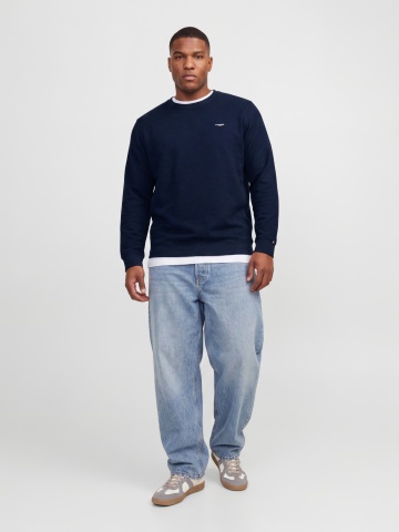 Jack & Jones Plus Pulover barbati din bumbac organic, decolteu la baza gatului, Regular Fit, JPRBLUALVES, Bleumarin inchis - Img 3