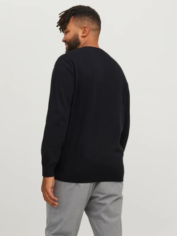 Jack & Jones Plus Pulover tricotat barbati big sizes, din bumbac organic, cu decolteu la baza gatului, Regular Fit, JJEBASIC, Negru - Img 2