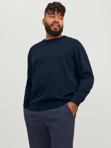 Jack & Jones Plus Pulover tricotat barbati big sizes, din bumbac organic, cu decolteu la baza gatului, Regular Fit, JJEBASIC, Bleumarin inchis