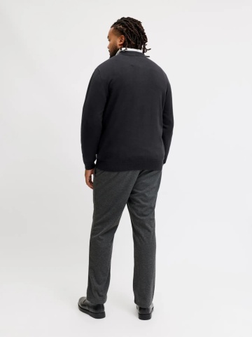 Jack & Jones Plus Pulover tricotat barbati big sizes, din bumbac organic, guler polo, JJEBASIC, Regular Fit, Negru - Img 2