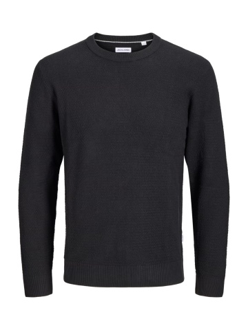 Jack & Jones Plus Pulover tricotat barbati big sizes, din bumbac organic, decolteu la baza gatului, JJERYDER, Regular Fit, Negru