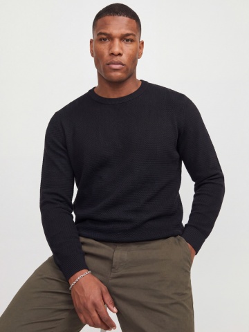 Jack & Jones Plus Pulover tricotat barbati big sizes, din bumbac organic, decolteu la baza gatului, JJERYDER, Regular Fit, Negru - Img 3