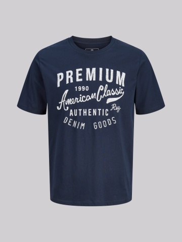 Jack & Jones Plus Tricou barbati big sizes, cu decolteu la baza gatului si imprimeu cu text, Bleumarin inchis