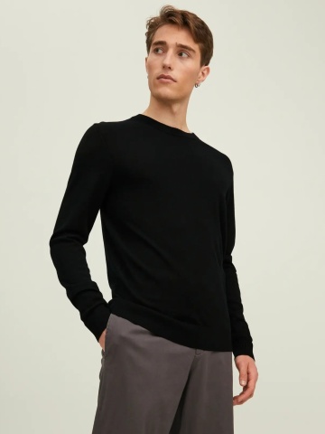 Jack & Jones Pulover simplu tricotat barbati, din lana merinos, decolteu la baza gatului, JPRMERINO, Negru