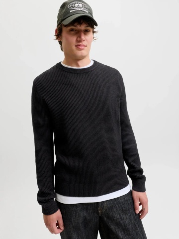 Jack & Jones Pulover tricotat barbati, decolteu la baza gatului, Regular Fit, JJPANNEL, Negru - Img 3