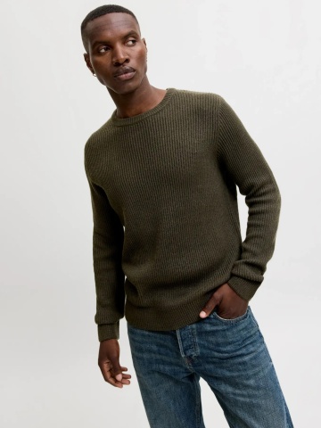 Jack & Jones Pulover tricotat barbati, decolteu la baza gatului, Regular Fit, JJPANNEL, Verde inchis - Img 3