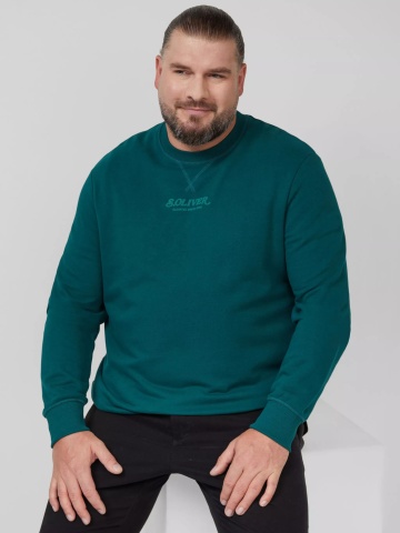 s.Oliver Big Sizes Bluza barbati big sizes cu decolteu la baza gatului, logo, Regular Fit, Verde inchis
