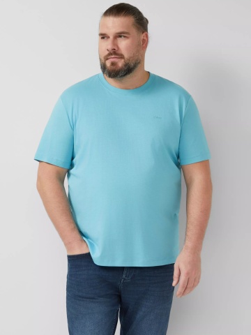 s.Oliver Big Sizes Tricou barbati big sizes, din bumbac, cu decolteu la baza gatului, Turcoaz deschis