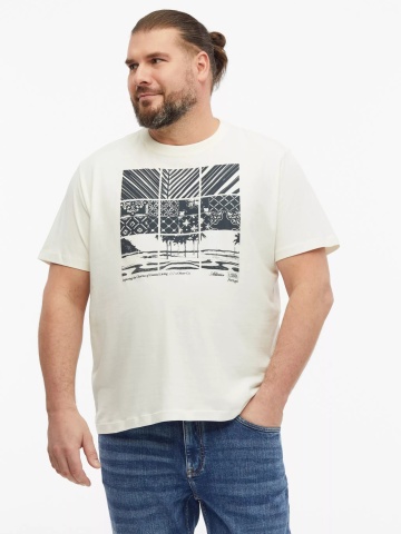 s.Oliver Big Sizes Tricou la baza gatului, barbati big sizes, din bumbac, cu imprimeu, Regular fit, Crem