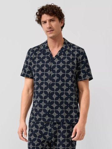 s.Oliver Camasa cu maneca scurta barbati, din bumbac, cu imprimeu, Resort fit, Bleumarin inchis