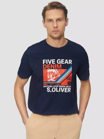 s.Oliver Tricou barbati cu imprimeu text Unleash your inner drive, croiala Regular Fit, Bleumarin inchis