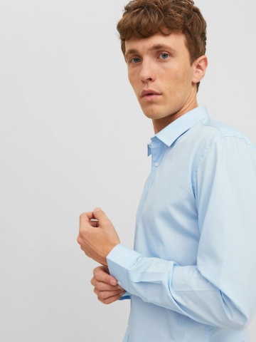Jack & Jones Camasa barbati, din amestec de bumbac, Slim Fit, Albastru deschis - Img 3