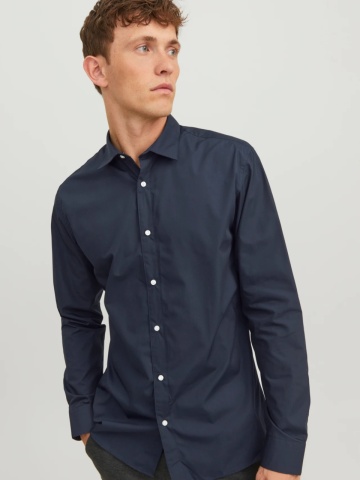 Jack & Jones Camasa barbati, din amestec de bumbac, Slim Fit, Bleumarin inchis - Img 5