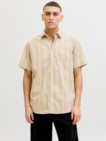 Jack & Jones Camasa barbati din bumbac cu imprimeu in dungi, Regular Fit, JJETHAN, Maro deschis