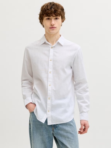 Jack & Jones Camasa barbati, Regular fit, din amestec de in, cu imprimeu in dungi, Alb