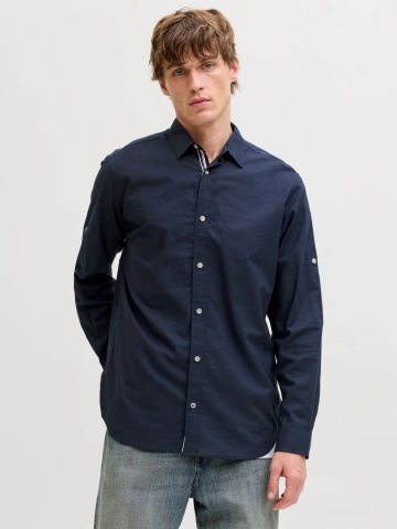 Jack & Jones Camasa barbati, Regular fit, Henry, din bumbac, Bleumarin inchis