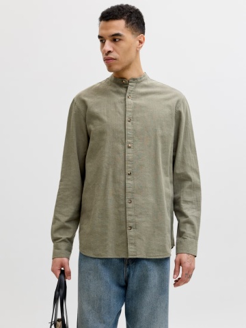 Jack & Jones Camasa cu maneca lunga barbati si guler tunica din amestec de in, Olive